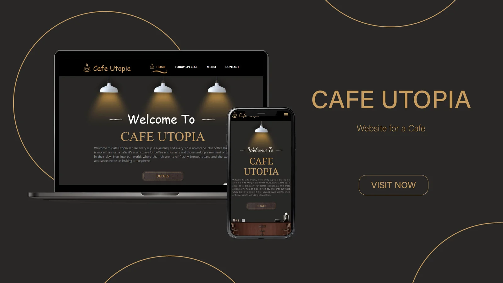 Cafe Utopia website displayed on laptop and mobile screens.